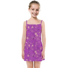 Gold Purple Floral Print Kids  Summer Sun Dress by SpinnyChairDesigns