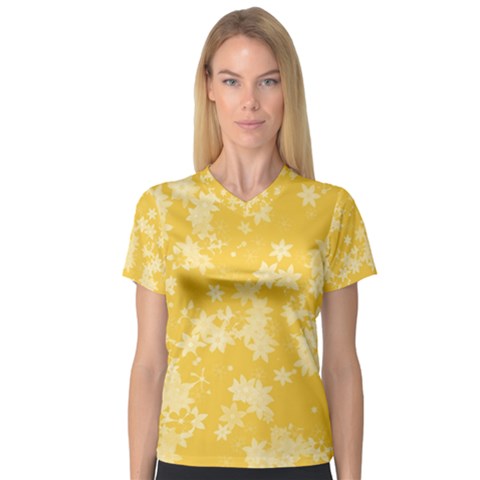 Saffron Yellow Floral Print V-neck Sport Mesh Tee by SpinnyChairDesigns