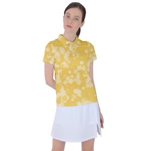 Saffron Yellow Floral Print Women s Polo Tee by SpinnyChairDesigns