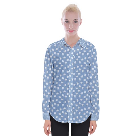 Faded Blue White Floral Print Womens Long Sleeve Shirt by SpinnyChairDesigns