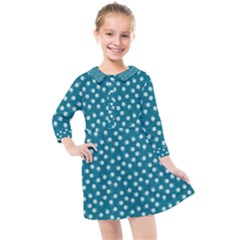 Teal White Floral Print Kids  Quarter Sleeve Shirt Dress by SpinnyChairDesigns