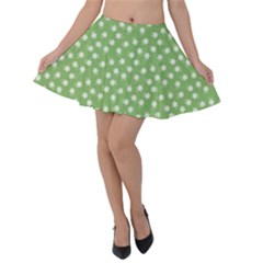 Spring Green White Floral Print Velvet Skater Skirt by SpinnyChairDesigns
