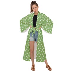 Spring Green White Floral Print Maxi Kimono by SpinnyChairDesigns