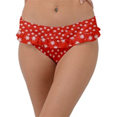 Red White Floral Print Frill Bikini Bottom by SpinnyChairDesigns