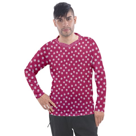 Magenta Rose White Floral Print Men s Pique Long Sleeve Tee by SpinnyChairDesigns