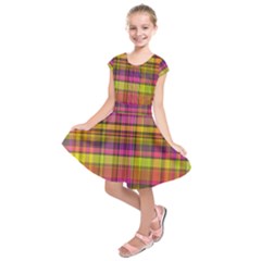 Pink Yellow Madras Plaid Kids  Short Sleeve Dress by SpinnyChairDesigns
