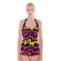 Multicolored Scribble Abstract Pattern Boyleg Halter Swimsuit  by dflcprintsclothing