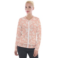 Peaches And Cream Butterfly Print Velour Zip Up Jacket by SpinnyChairDesigns