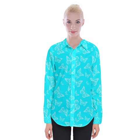 Aqua Blue Butterfly Print Womens Long Sleeve Shirt by SpinnyChairDesigns