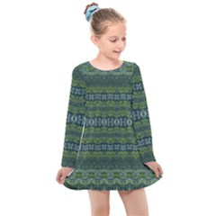 Boho Forest Green  Kids  Long Sleeve Dress by SpinnyChairDesigns