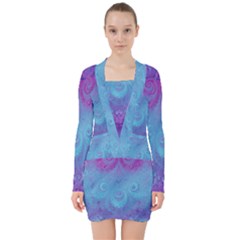 Purple Blue Swirls And Spirals V-neck Bodycon Long Sleeve Dress by SpinnyChairDesigns