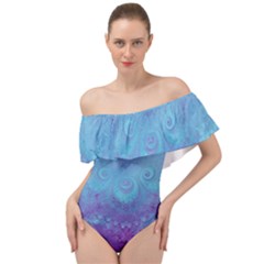 Purple Blue Swirls And Spirals Off Shoulder Velour Bodysuit  by SpinnyChairDesigns