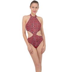 Abstract Red Black Checkered Halter Side Cut Swimsuit by SpinnyChairDesigns