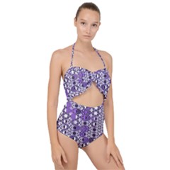 Purple Black Checkered Scallop Top Cut Out Swimsuit by SpinnyChairDesigns