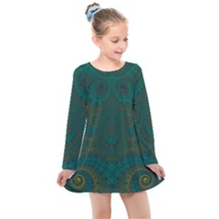 Teal Green Spirals Kids  Long Sleeve Dress by SpinnyChairDesigns