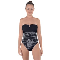 6-white-line-black-background-classic-car-original-handmade-drawing-pablo-franchi Tie Back One Piece Swimsuit by blackdaisy