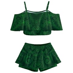 Emerald Green Spirals Kids  Off Shoulder Skirt Bikini by SpinnyChairDesigns