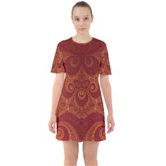 Red And Gold Spirals Sixties Short Sleeve Mini Dress by SpinnyChairDesigns