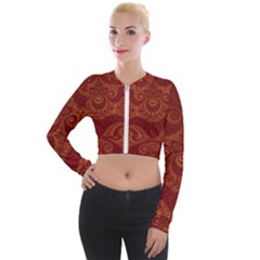 Red And Gold Spirals Long Sleeve Cropped Velvet Jacket by SpinnyChairDesigns