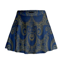 Navy Blue And Gold Swirls Mini Flare Skirt by SpinnyChairDesigns