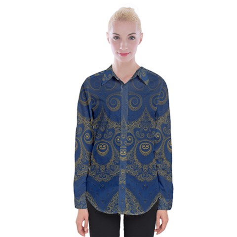 Navy Blue And Gold Swirls Womens Long Sleeve Shirt by SpinnyChairDesigns