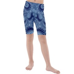 Royal Blue Swirls Kids  Mid Length Swim Shorts by SpinnyChairDesigns