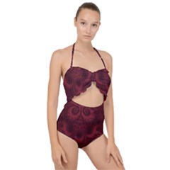 Burgundy Wine Swirls Scallop Top Cut Out Swimsuit by SpinnyChairDesigns