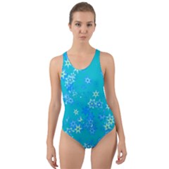 Aqua Blue Floral Print Cut-out Back One Piece Swimsuit by SpinnyChairDesigns