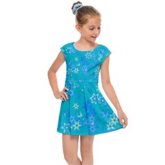Aqua Blue Floral Print Kids  Cap Sleeve Dress by SpinnyChairDesigns