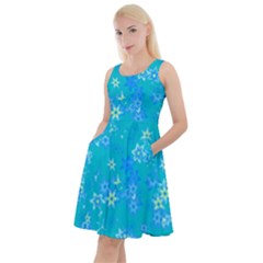 Aqua Blue Floral Print Knee Length Skater Dress With Pockets by SpinnyChairDesigns