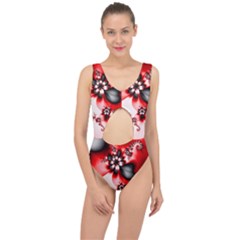 Abstract Red Black Floral Print Center Cut Out Swimsuit by SpinnyChairDesigns