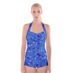 Cornflower Blue Floral Print Boyleg Halter Swimsuit  by SpinnyChairDesigns