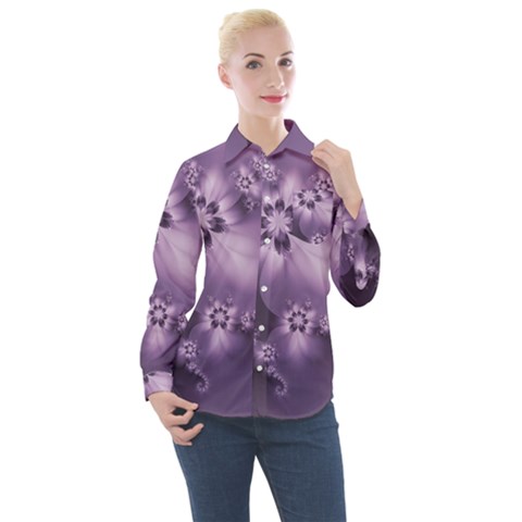 Royal Purple Floral Print Women s Long Sleeve Pocket Shirt by SpinnyChairDesigns