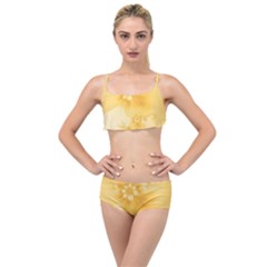 Saffron Yellow Floral Print Layered Top Bikini Set by SpinnyChairDesigns