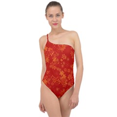 Orange Red Floral Print Classic One Shoulder Swimsuit by SpinnyChairDesigns
