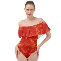 Orange Red Floral Print Off Shoulder Velour Bodysuit  by SpinnyChairDesigns