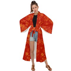 Orange Red Floral Print Maxi Kimono by SpinnyChairDesigns