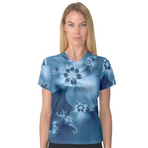 Steel Blue Flowers V-neck Sport Mesh Tee by SpinnyChairDesigns