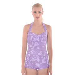 Lavender And White Flowers Boyleg Halter Swimsuit  by SpinnyChairDesigns