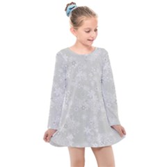 Ash Grey Floral Pattern Kids  Long Sleeve Dress by SpinnyChairDesigns