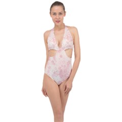 Baby Pink Floral Print Halter Front Plunge Swimsuit by SpinnyChairDesigns