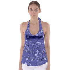 Slate Blue With White Flowers Babydoll Tankini Top by SpinnyChairDesigns