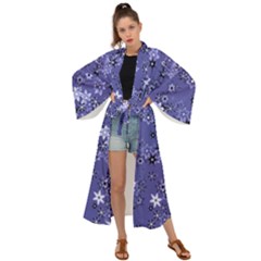 Slate Blue With White Flowers Maxi Kimono by SpinnyChairDesigns