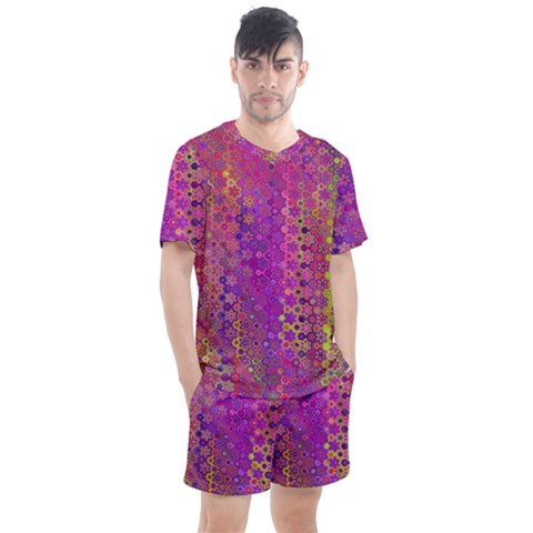 Boho Fuchsia Floral Print  Men s Mesh Tee And Shorts Set by SpinnyChairDesigns