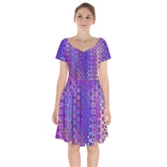 Boho Purple Floral Print Short Sleeve Bardot Dress by SpinnyChairDesigns