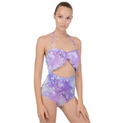 White Purple Floral Print Scallop Top Cut Out Swimsuit by SpinnyChairDesigns