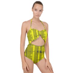 Black Yellow Punk Plaid Scallop Top Cut Out Swimsuit by SpinnyChairDesigns