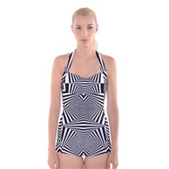 Black And White Stripes Boyleg Halter Swimsuit  by SpinnyChairDesigns