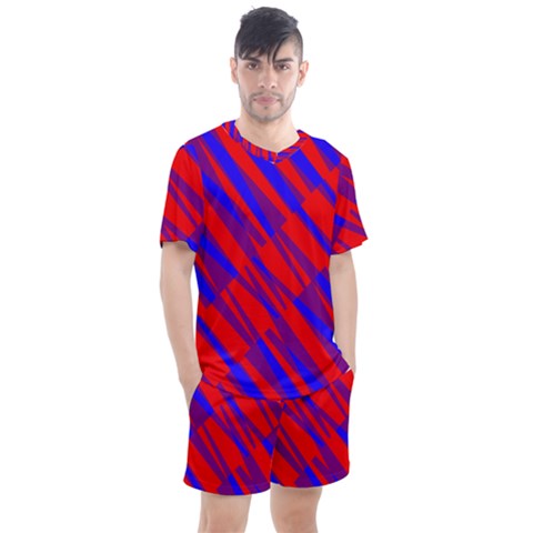 Geometric Blocks, Blue And Red Triangles, Abstract Pattern Men s Mesh Tee And Shorts Set by Casemiro