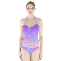 Abstract Floral Leaves Pattern Halter Swimsuit by brightlightarts